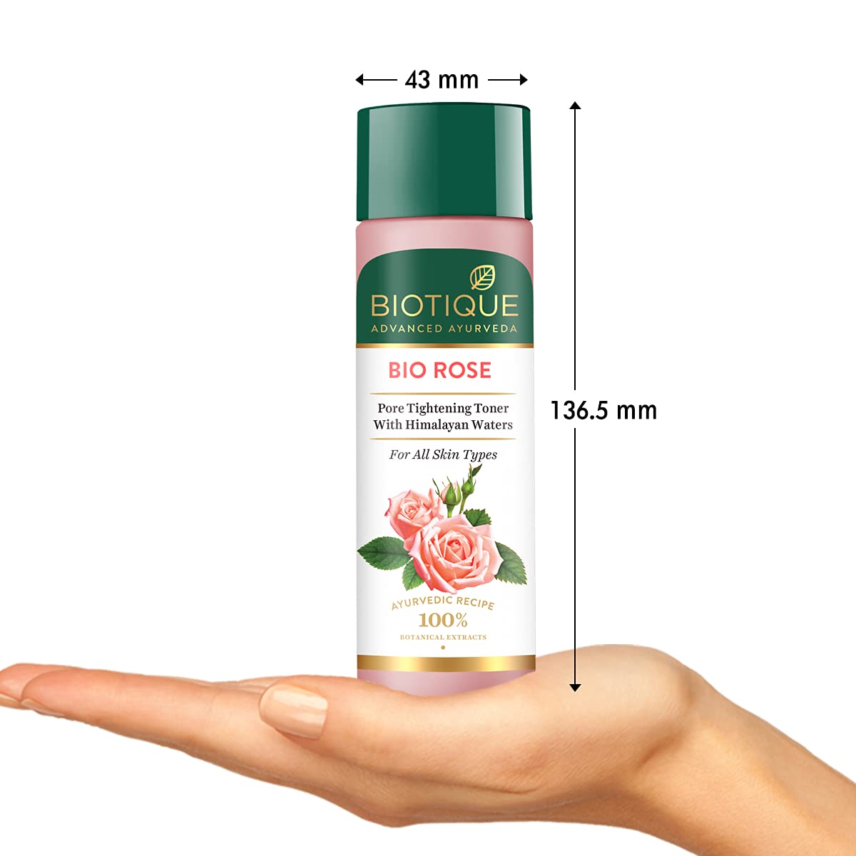 Biotique Bio Rose toner bottle held in a hand with measurements indicated.