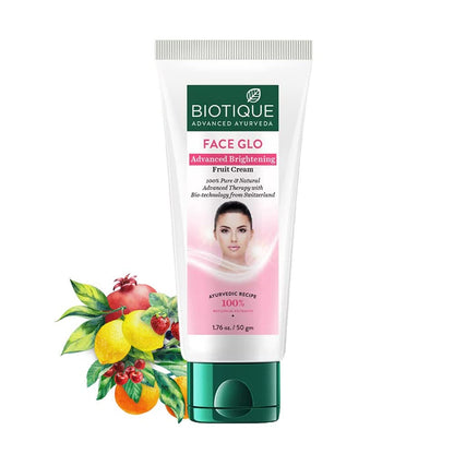 Biotique Face Glo cream tube with fruit illustration on a white background