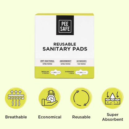 PEESAFE Reusable Sanitary Pads | (3 Regular Pads + 1 Overnight Pad + 1 Leak Proof Pouch) | Lasts Up To 1 Year | Highly Absorbent & Skin Friendly, Pack of 4