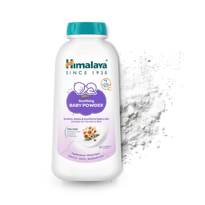 Himalaya Baby Powder bottle with powder spilling out on a white background