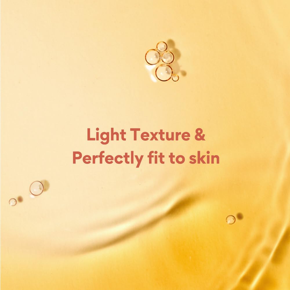 Text 'Light Texture & Perfectly fit to skin' on a yellow background with skincare product texture.