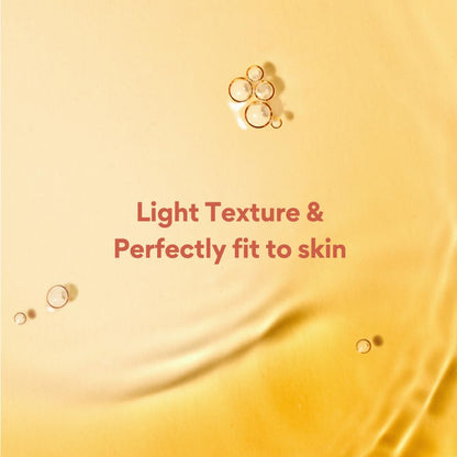 Text 'Light Texture & Perfectly fit to skin' on a yellow background with skincare product texture.