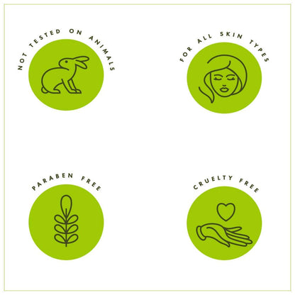 Set of green icons indicating cruelty-free, paraben-free, and other ethical product claims on a white background.