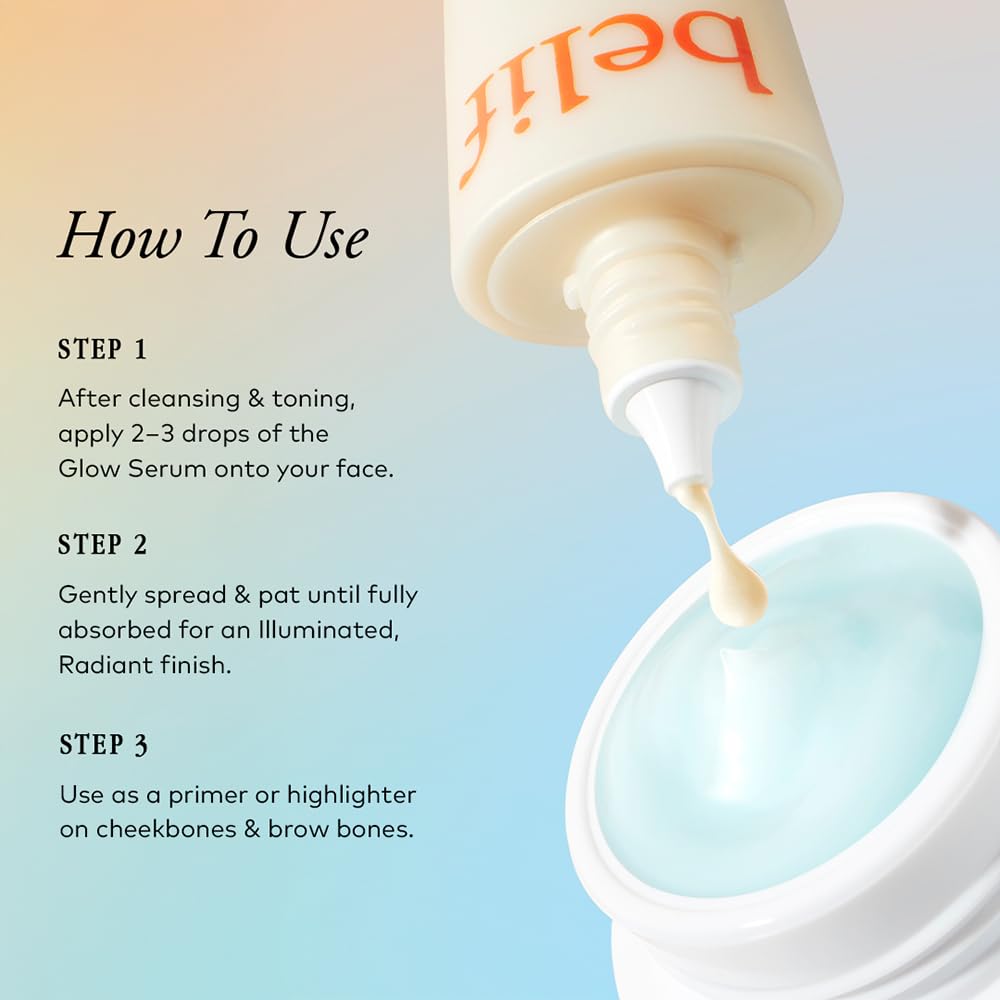 Glow serum bottle with dropper and usage instructions on a gradient background