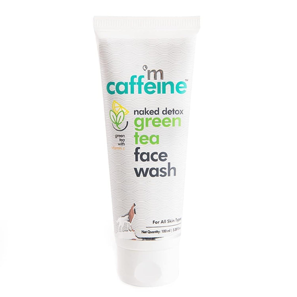 Tube of caffeine-free green tea face wash on a white background