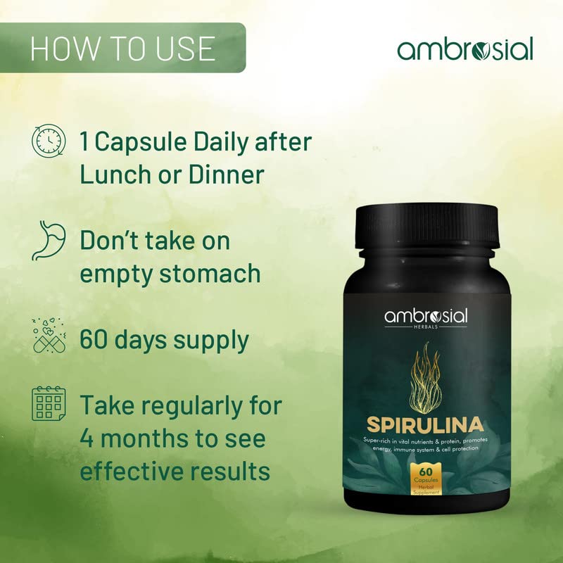 Ambrosial supplement bottle with usage instructions on a green background