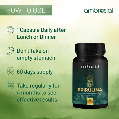 Ambrosial supplement bottle with usage instructions on a green background