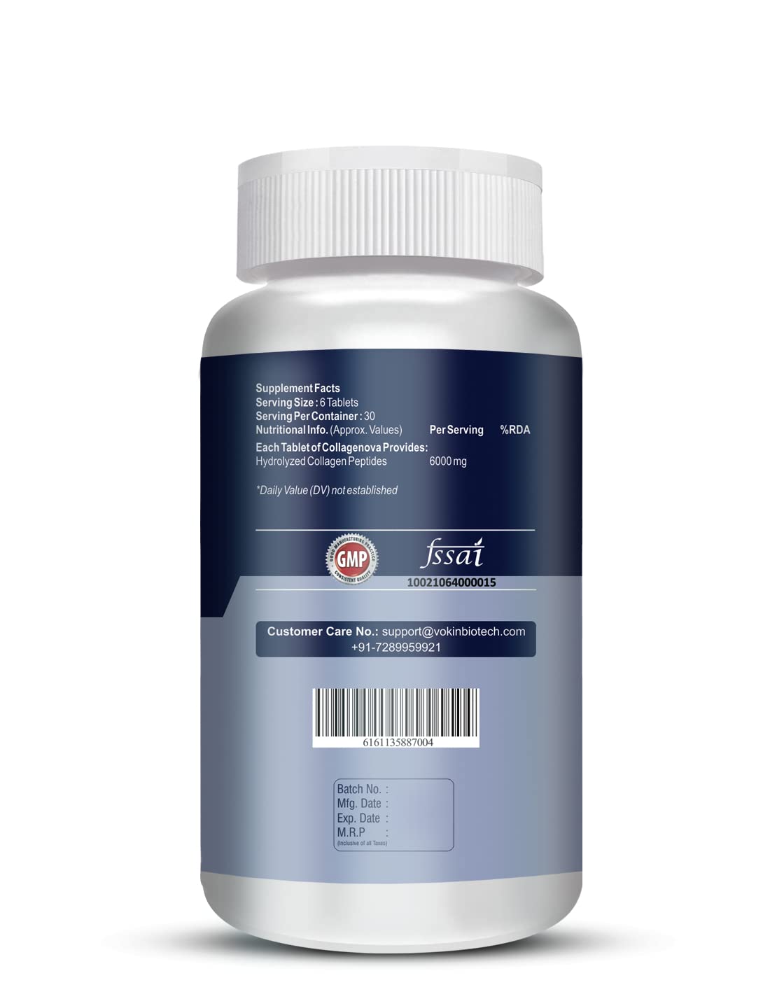 Supplement bottle with a white cap and blue label on a white background