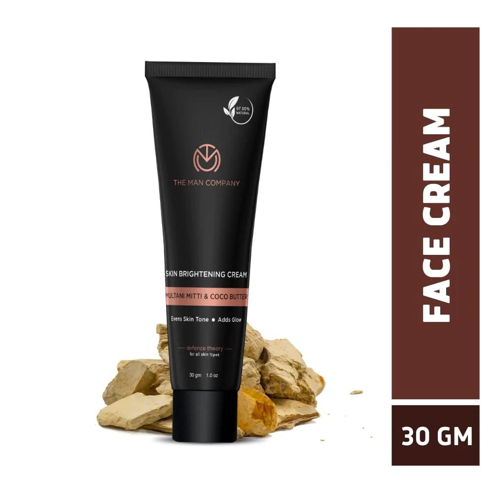 The Man Company Skin Brightening Cream with Multani Mitti, Coco Butter, Hyaluronic Acid | Bright & Soft Skin | Reduce Acne | Removes Blackhead - 30 gm