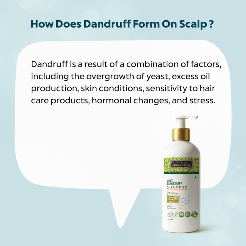 Shampoo bottle with text explaining dandruff formation on a light blue background