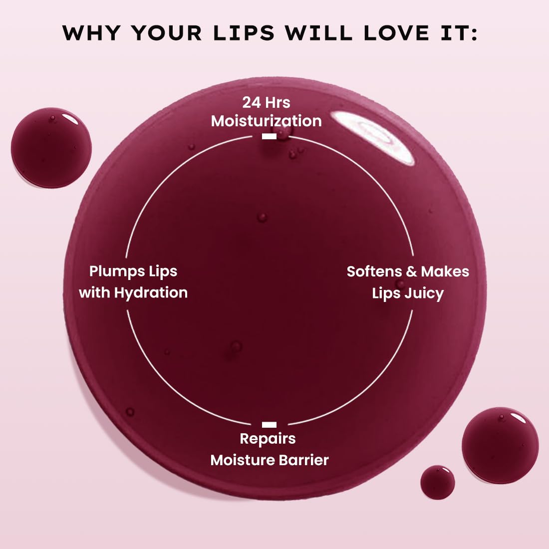 Lip balm with text highlighting its benefits on a pink background