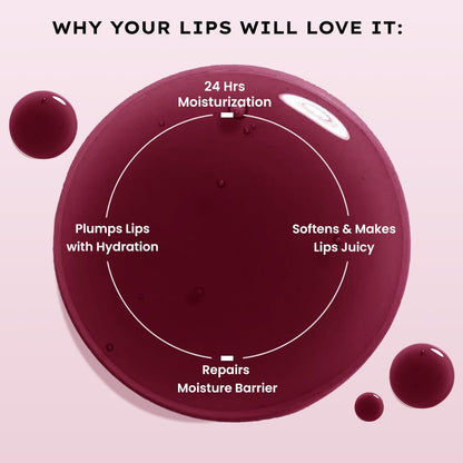 Lip balm with text highlighting its benefits on a pink background