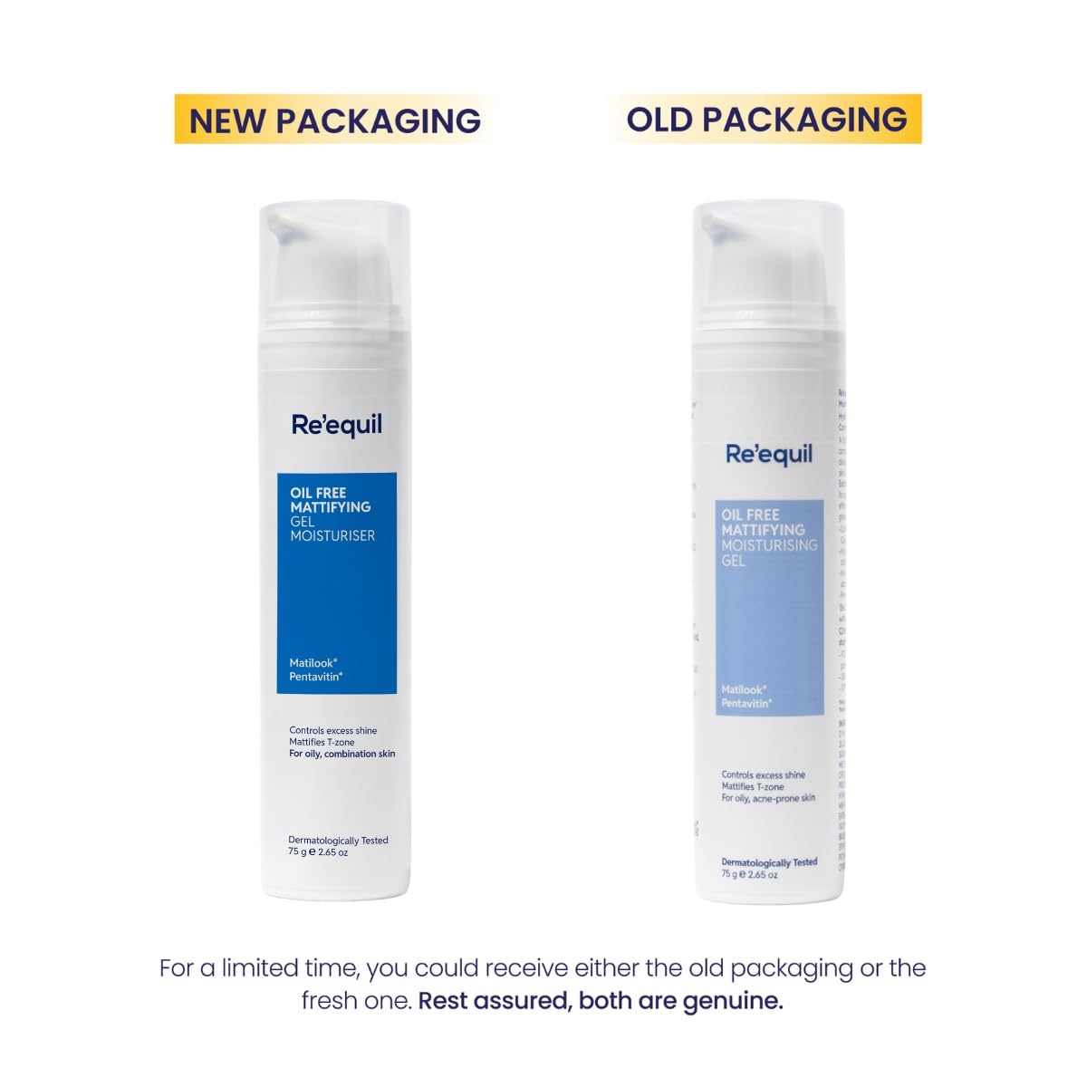 Two bottles of Re'equil oil-free mattifying gel moisturizer, one labeled 'New Packaging' and the other 'Old Packaging', on a white background.