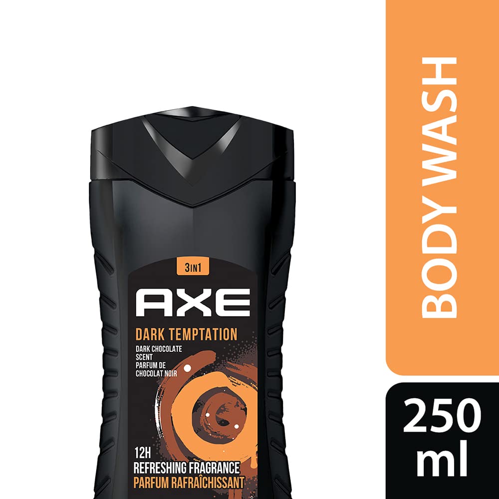 AXE Dark Temptation 3 In 1 Body, Face & Hair Wash for Men, Long-Lasting Refreshing Dark Chocolate Fragrance, Natural Origin Ingredients, Removes Odor & Bacteria, Dermatologically Tested 250ml