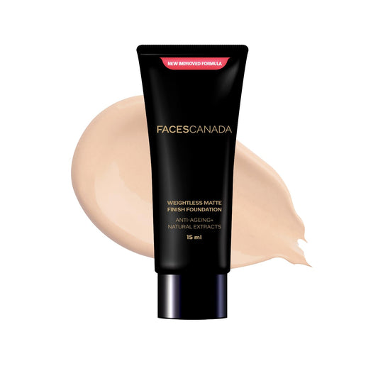 FACES CANADA Weightless Matte Finish Foundation - Beige, 15ml | Lightweight | Natural Finish | Anti-Ageing | Non-Clog Pores | Enriched With Olive Seed Oil, Grape Extract, Shea Butter
