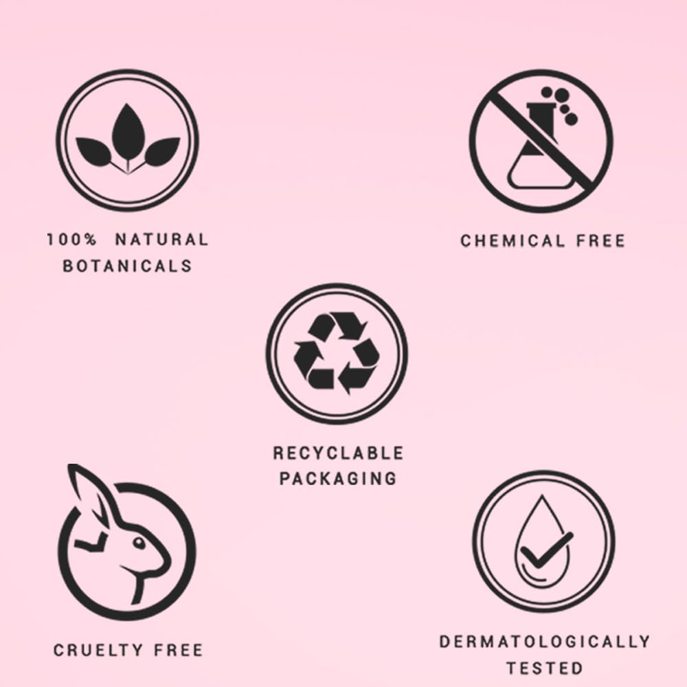 Set of sustainability icons with corresponding descriptions on a pink background