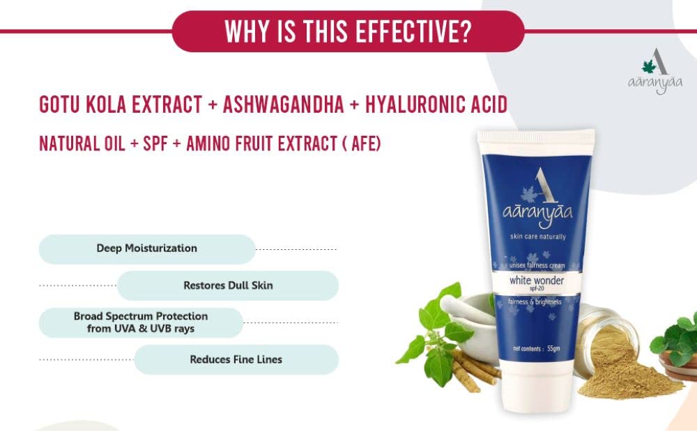 Aaranyaa Fairness Cream White Wonder SPF 20 (55gm) Face Cream with Hyaluronic Acid & Vitamin C to Hydrate, Moisturize & Brighten Skin | For Sun Protection - Paraben Free