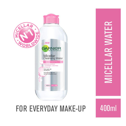 Garnier Micellar Cleansing Water bottle with pink cap on a white background
