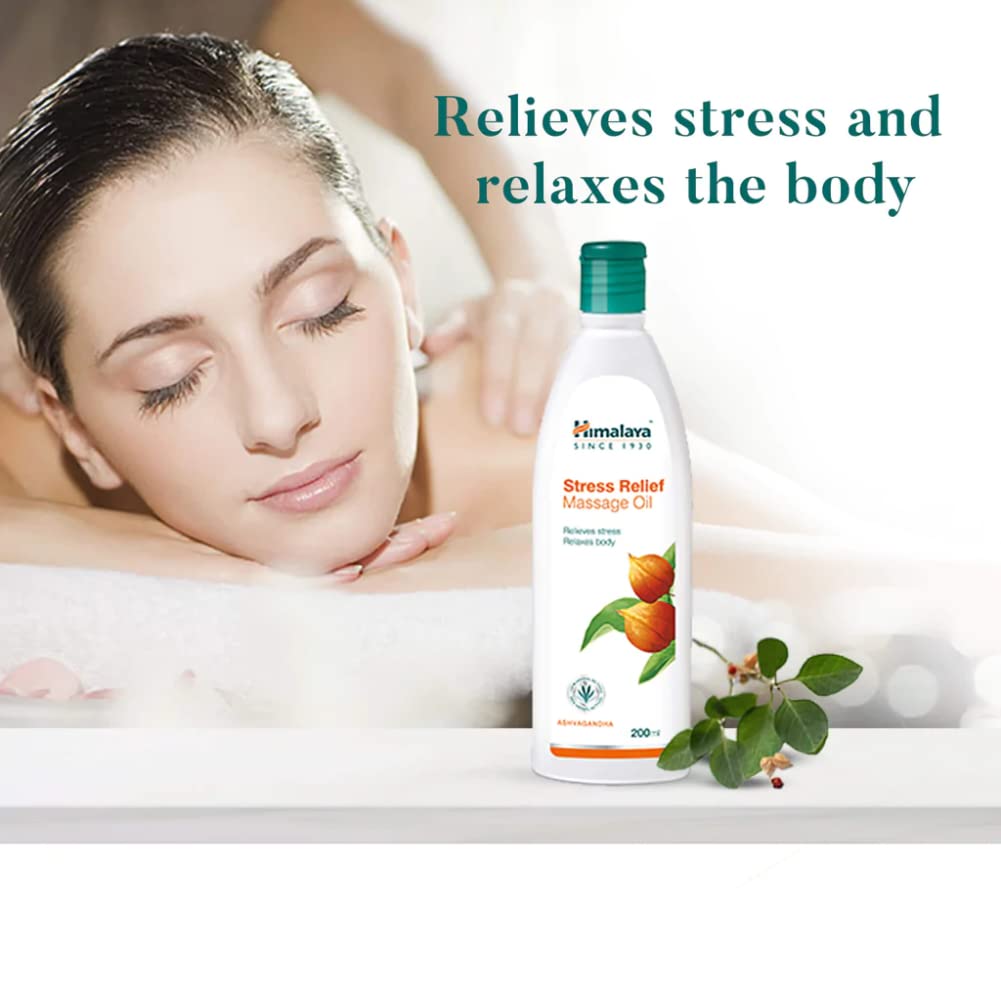 Himalaya Stress Relief Massage Oil bottle with a woman relaxing in the background