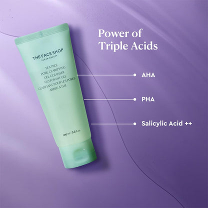 Green tube of skincare product with 'Power of Triple Acids' text on a purple background