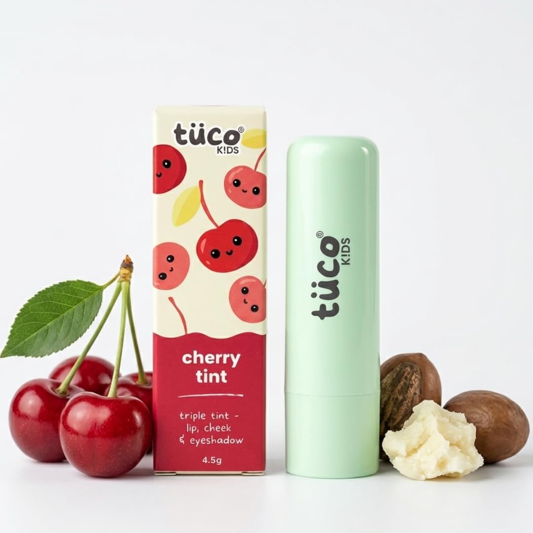 táuco Kids cherry tint packaging with cherry and nutmeg elements on a white background