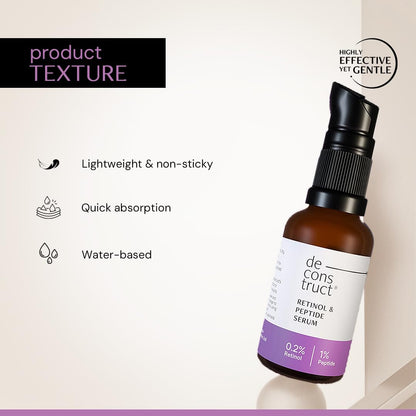 Brown serum bottle with white label on a light beige background, featuring product texture information.