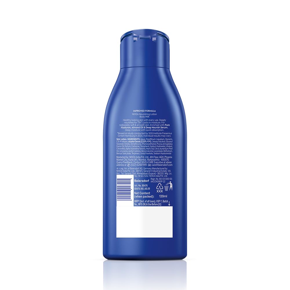 NIVEA Nourishing Body Milk 120ml Body Lotion with Deep Moisture Serum | 48 H Moisturization | With 2X Almond Oil | Smooth and Healthy Looking Skin |For Very Dry Skin