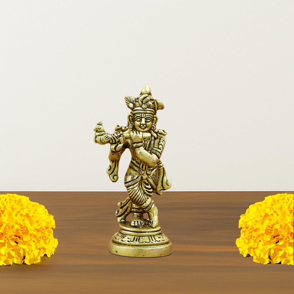 100% Pure Brass Krishna Idol for Home Dcor, Puja, and Spiritual Gifting | Ideal for Living Room, Office, or Personal Altar