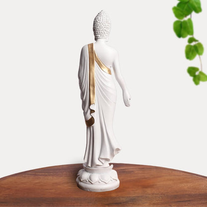 White & Gold Plated Blessing Standing Gautam Buddha Idol Statue | Polyresin Showpiece for Table, Office, Home Decoration Item