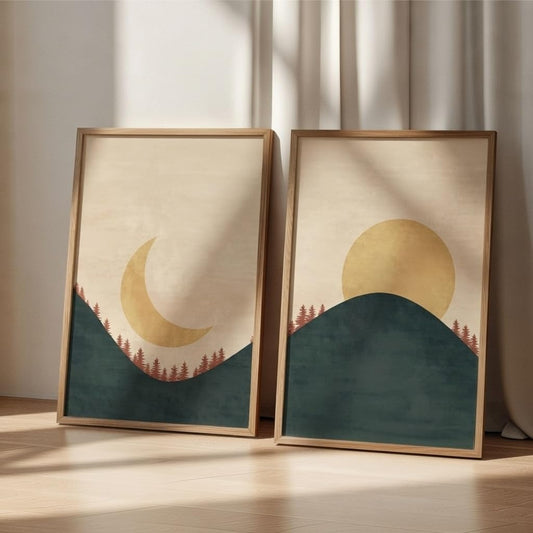 Set of 2 Moon and Sun Landscape Wall Art Premium MDF Wooden Color Framed HD UV Printed Minimal Mountain Painting for Living Room Bedroom Home Decor 13.5 Inch x 19.5 Inch
