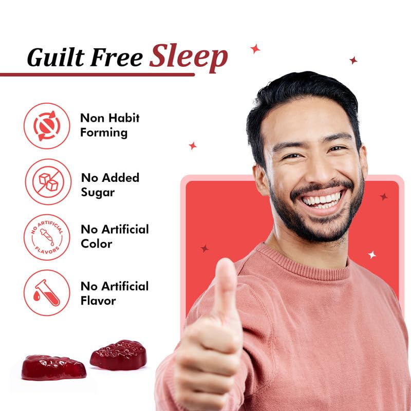 Man giving a thumbs up with 'Guilt Free Sleep' product information on a white background