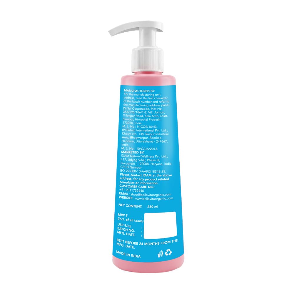 Bottle with blue label and pink pump on a white background