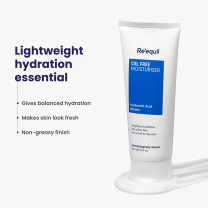 Tube of Re'equil Oil Free Moisturizer with product details on a white background