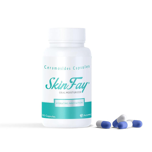 Skin Fay capsules bottle with two capsules on a white background