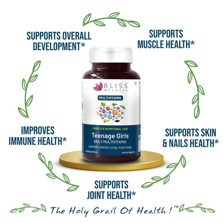 Bliss Welness Teenage Girl Multivitamin With Vitamin, Minerals, Calcium Magnesium Zinc, Aloe Vera Extract, Bamboo and Grapeseed Extract For Immunity, Hair Skin Nails, Bone & Joint Health - 60 Tablets