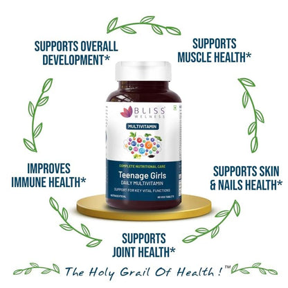 Bliss Welness Teenage Girl Multivitamin With Vitamin, Minerals, Calcium Magnesium Zinc, Aloe Vera Extract, Bamboo and Grapeseed Extract For Immunity, Hair Skin Nails, Bone & Joint Health - 60 Tablets