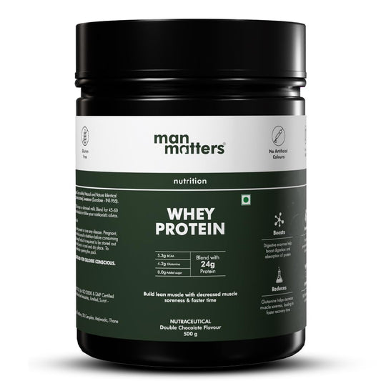 Man Matters Whey Protein Powder | 24g Protein Per Serving | Muscle Growth & Recovery | 100% Vegetarian | No Added Sugar | No Bloating | Double Chocolate Flavour | 500gm
