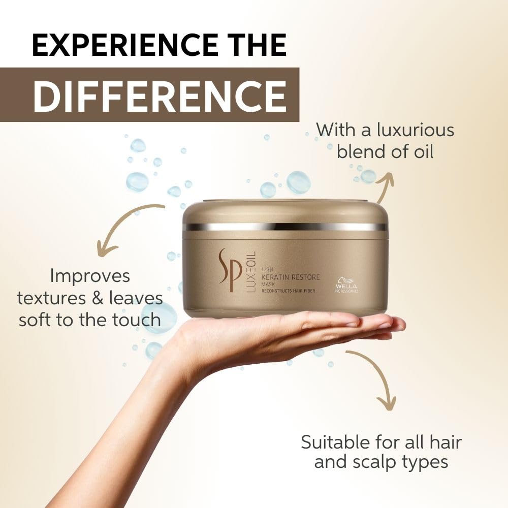 Wella SP Luxe Oil hair product with text highlighting benefits on a beige background