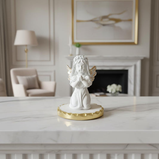 HOMEARTE INDIA Praying Baby Angel with Marble Base Premium Decorative Spiritual Marble Finish Showpiece with Folding Metal Stand for Home Decor, Living Room, Office Desk