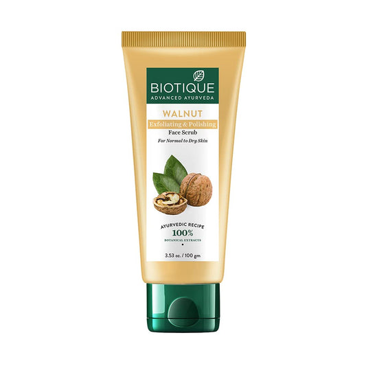 Biotique Walnut face scrub tube on a white background