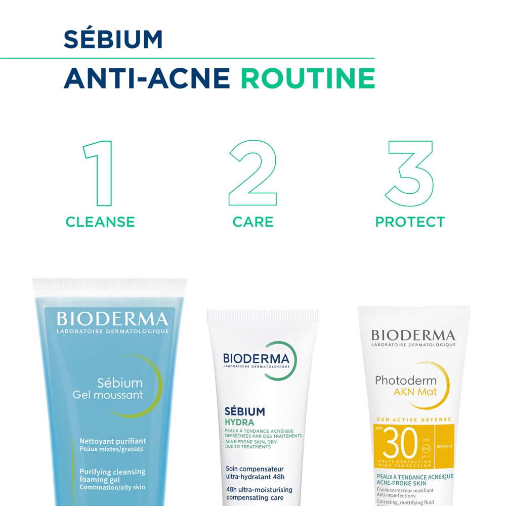 Bioderma skincare products for an anti-acne routine on a white background