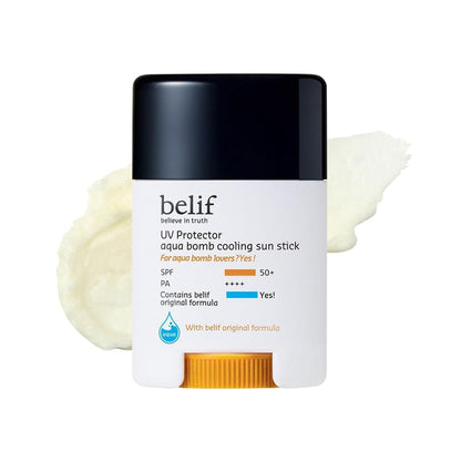 belif UV Protector aqua bomb cooling sun stick packaging on a white background