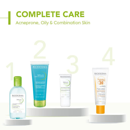 Bioderma skincare products for acne-prone, oily, and combination skin on a white background.