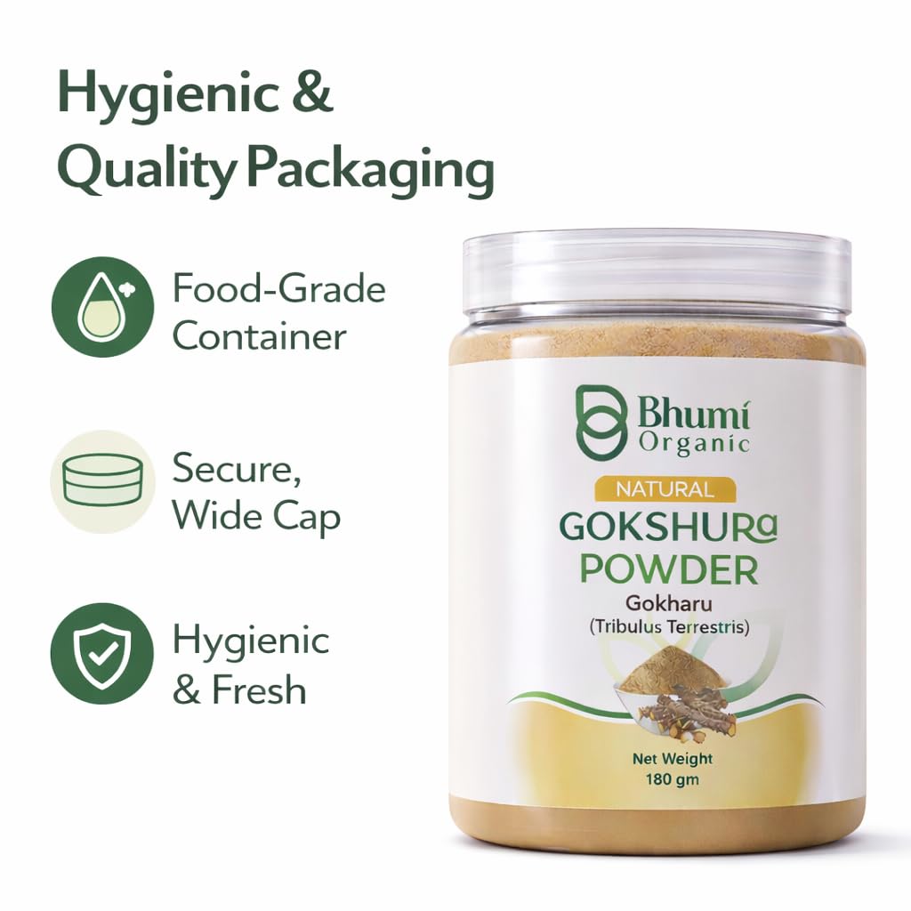 Bhumi Organic Gokshura Powder jar with packaging features on a white background