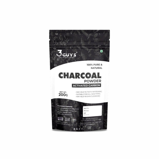 3 Guys 100% Pure & Natural Activated Charcoal Powder for Face Pack, Deep Skin Cleansing, Blackhead Removal, Teeth Whitening, and Detoxification, Suitable for All Skin Types, Chemical-Free Organic Skincare & Brightening, 200g