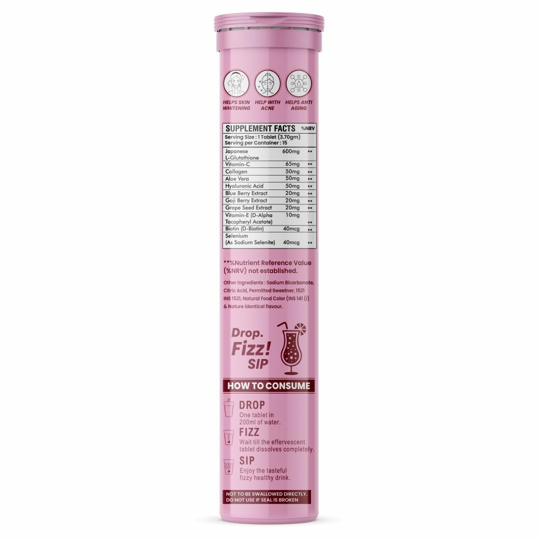 Pink supplement tube with text on a white background