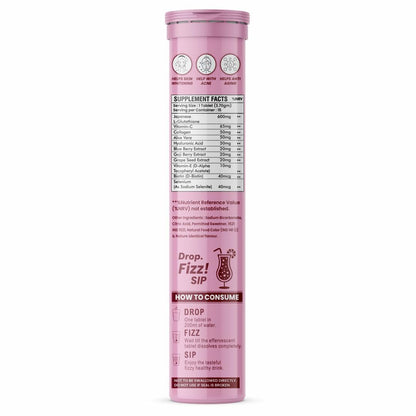 Pink supplement tube with text on a white background