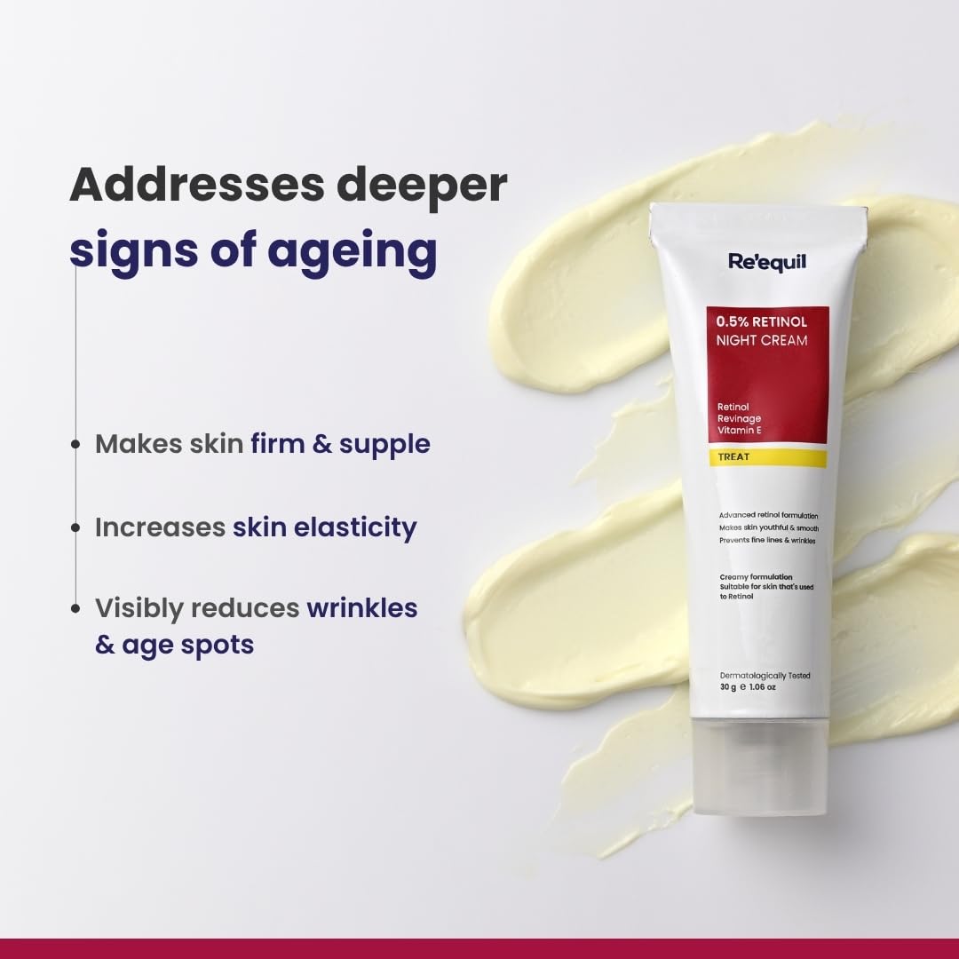Reéquill retinol night cream tube with product benefits on a light background