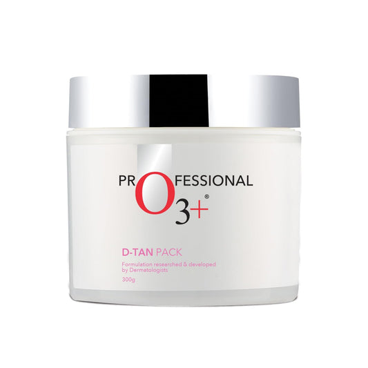 White jar with silver lid labeled 'Professional O3+ D-Tan Pack' on a white background