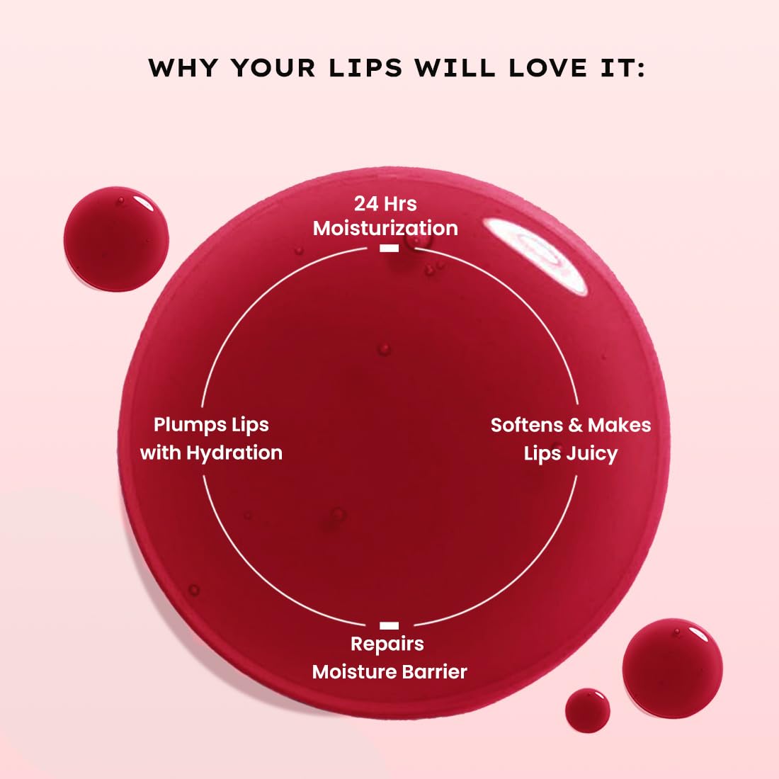 Red circular product with text on a pink background, highlighting lip care benefits.